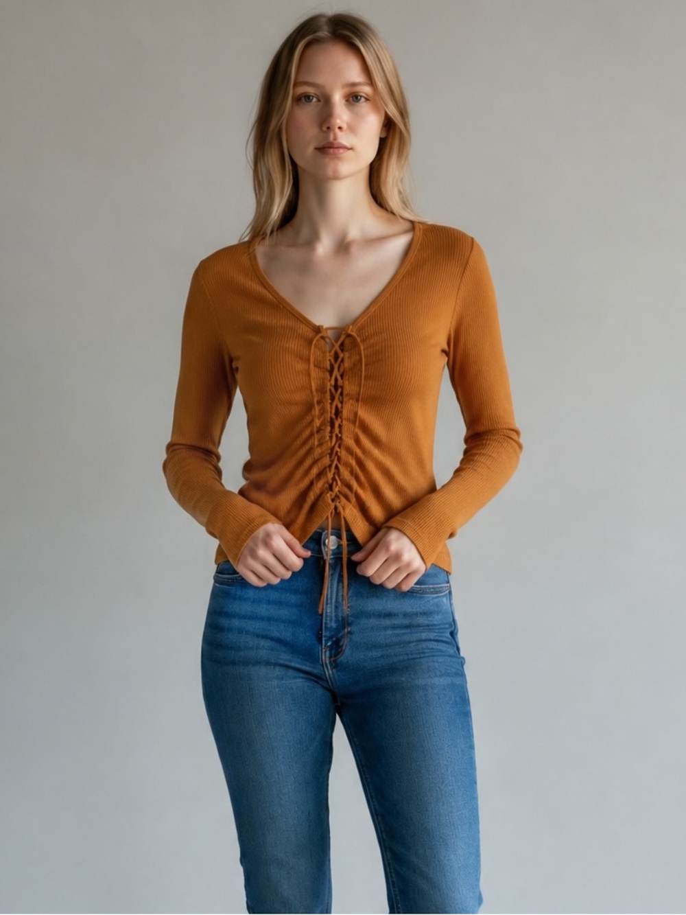 Aero Seriously Soft Women's Rust Lace-Up Ribbed Long Sleeve Top Size S